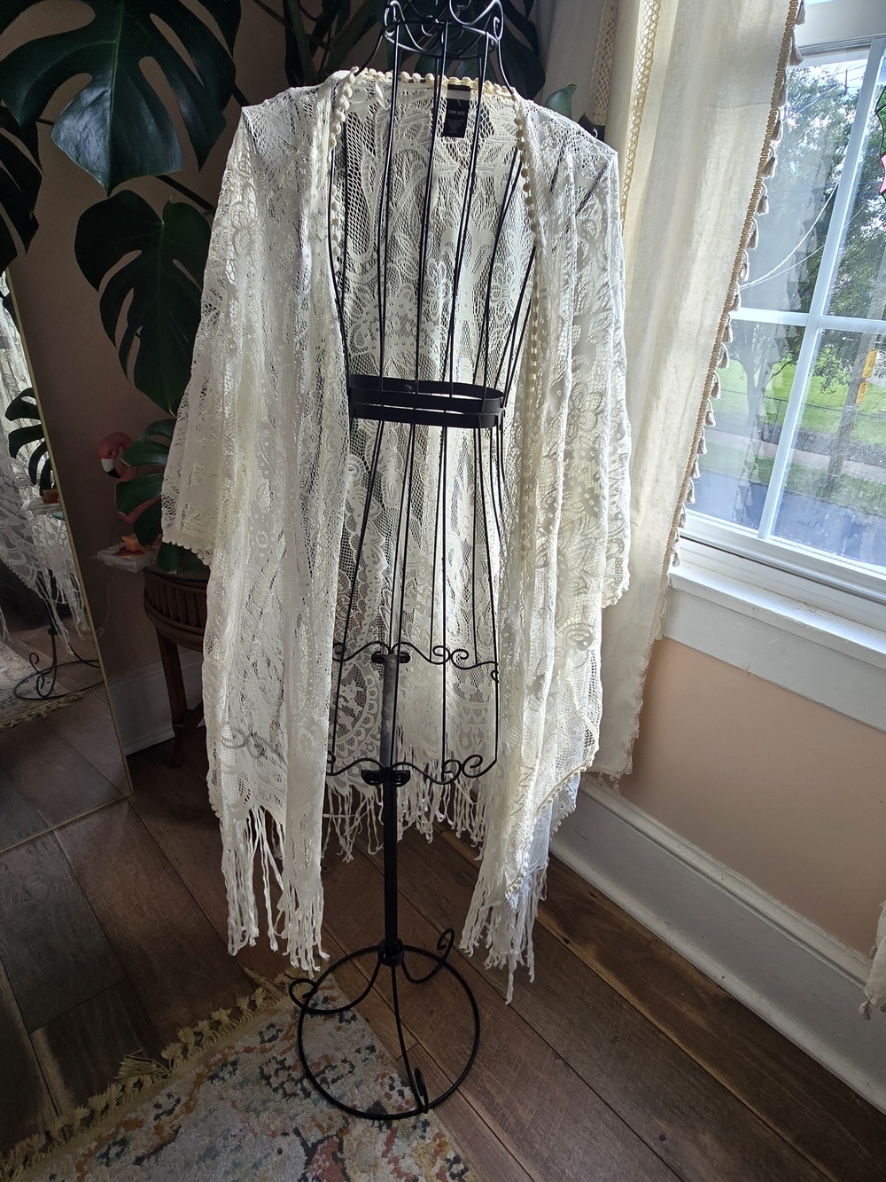 MIXIT Cream Ivory Floral Lace Fringe Open Front Kimono Duster Cardigan OS